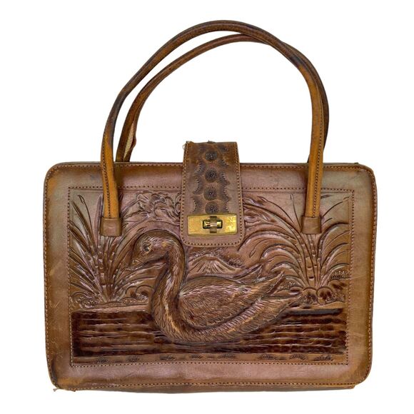 Vintage Brown Leather Hand Tooled Mexican Bag Purse with Duck Pond Scene - Picture 1 of 16